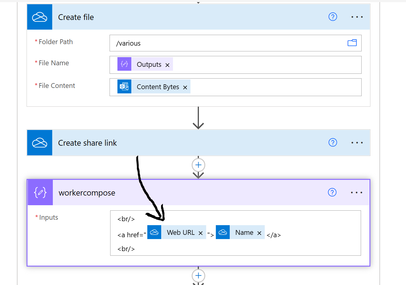 store attachments on OneDrive and create link shares